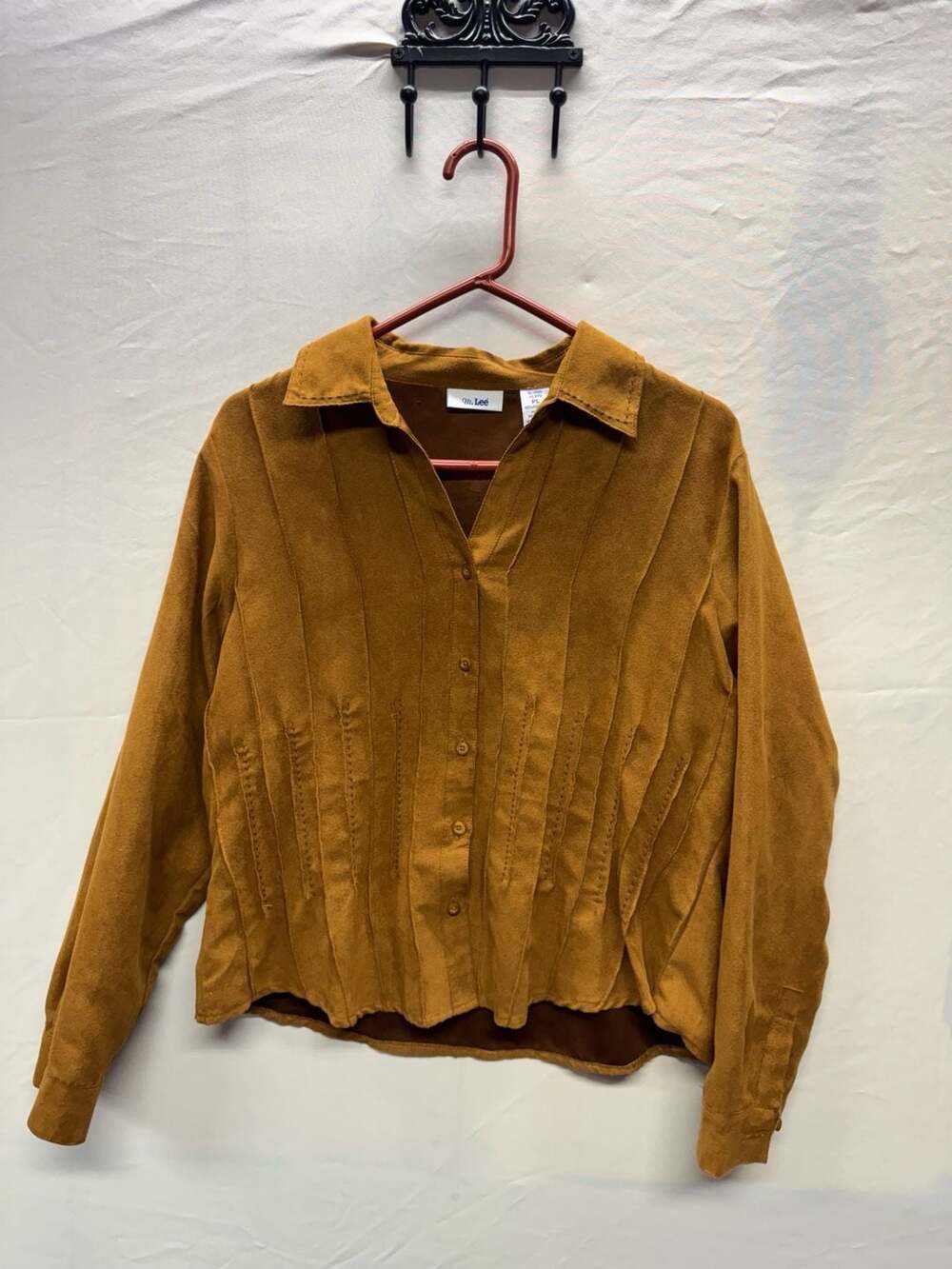 Ms. Lee Women's Brown Suede-Feel Pleated Button-Down Shirt